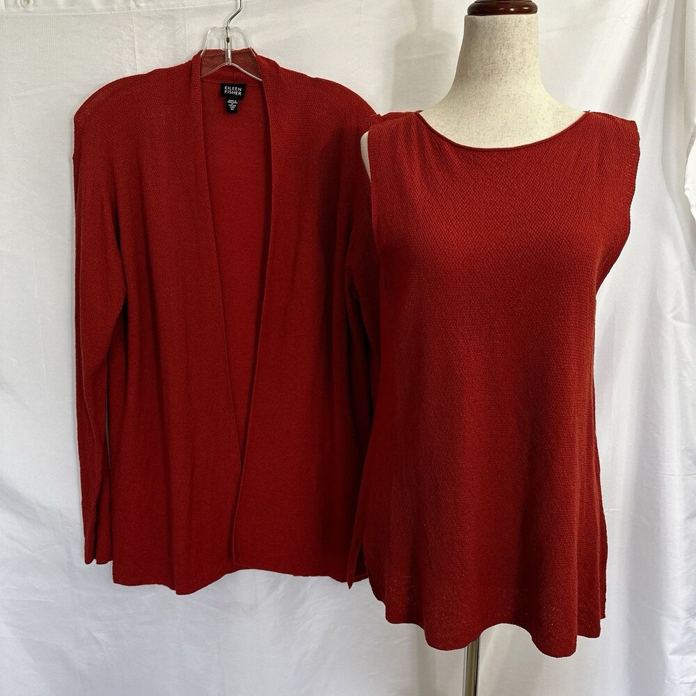 Eileen Fisher Sweater Cardigan Tank Set Wool Red Size M Textured Open Front